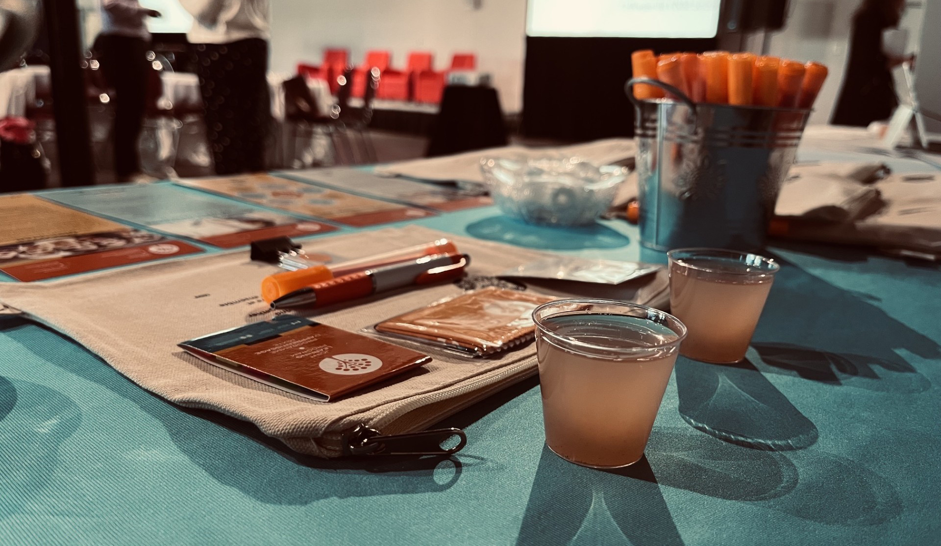 Deux petits verres de jus de fraise sont posés près du matériel promotionnel du PAM, sur la table bleu sarcelle du kiosque.